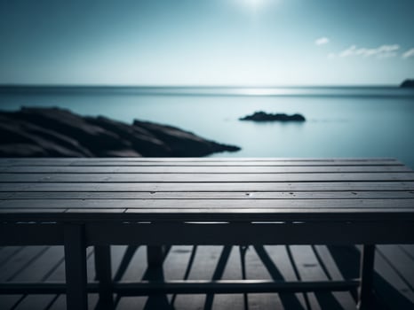 Wooden table and blur tropical beach background, product display montage. High quality photo 8k FHD AI generated