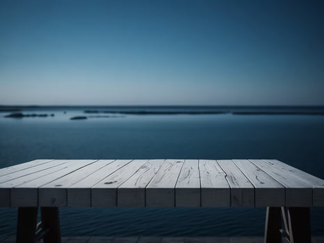 Wooden table and blur tropical beach background, product display montage. High quality photo 8k FHD AI generated