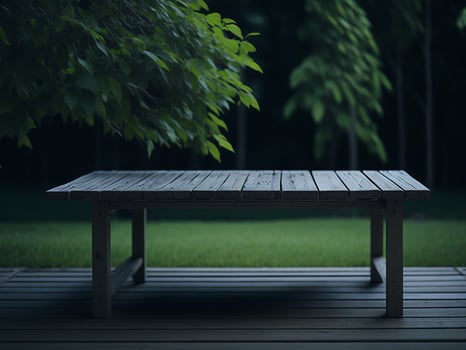 Wooden table and blur tropical beach background, product display montage. High quality photo 8k FHD AI generated