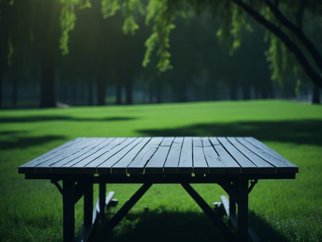 Wooden table and blur tropical green grass background, product display montage. High quality photo 8k FHD AI generated