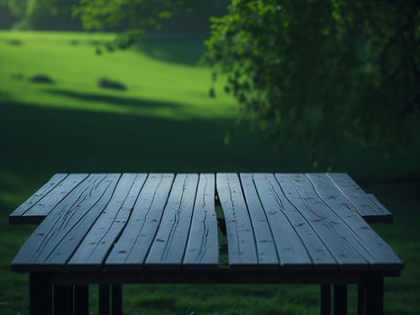 Wooden table and blur tropical green grass background, product display montage. High quality photo 8k FHD AI generated
