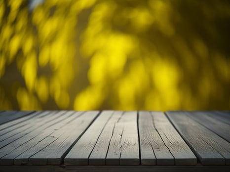 Wooden table and blur tropical Yellow Color background, product display montage. High quality photo 8k FHD AI generated