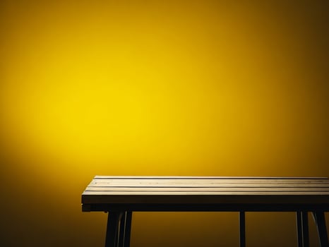 Wooden table and blur tropical Yellow Color background, product display montage. High quality photo 8k FHD AI generated