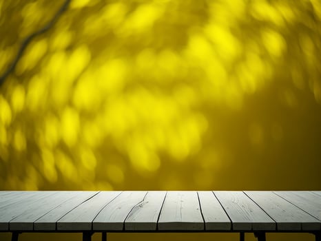 Wooden table and blur tropical Yellow Color background, product display montage. High quality photo 8k FHD AI generated