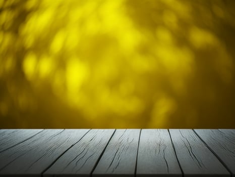 Wooden table and blur tropical Yellow Color background, product display montage. High quality photo 8k FHD AI generated