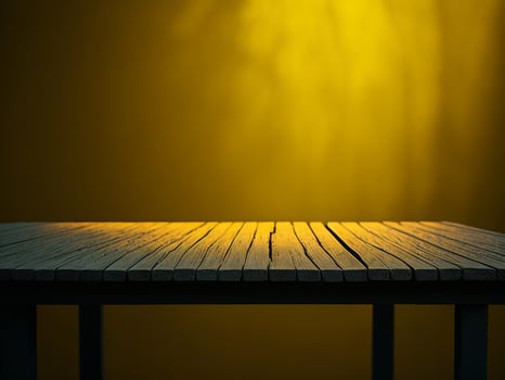 Wooden table and blur tropical Yellow Color background, product display montage. High quality photo 8k FHD AI generated
