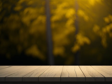 Wooden table and blur tropical Yellow Color background, product display montage. High quality photo 8k FHD AI generated
