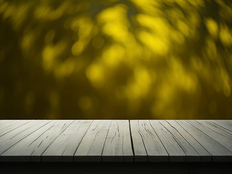 Wooden table and blur tropical Yellow Color background, product display montage. High quality photo 8k FHD AI generated