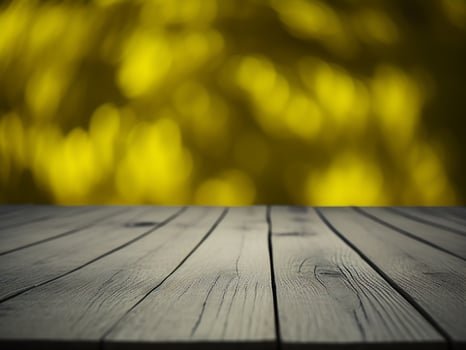 Wooden table and blur tropical Yellow Color background, product display montage. High quality photo 8k FHD AI generated