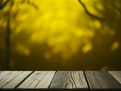 Wooden table and blur tropical Yellow Color background, product display montage. High quality photo 8k FHD AI generated