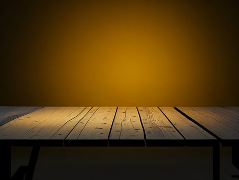 Wooden table and blur tropical Yellow Color background, product display montage. High quality photo 8k FHD AI generated