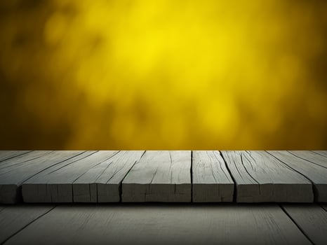 Wooden table and blur tropical Yellow Color background, product display montage. High quality photo 8k FHD AI generated