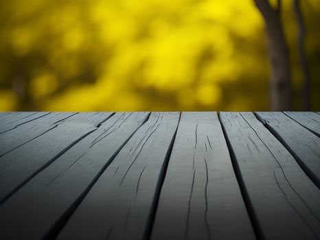 Wooden table and blur tropical Yellow Color background, product display montage. High quality photo 8k FHD AI generated