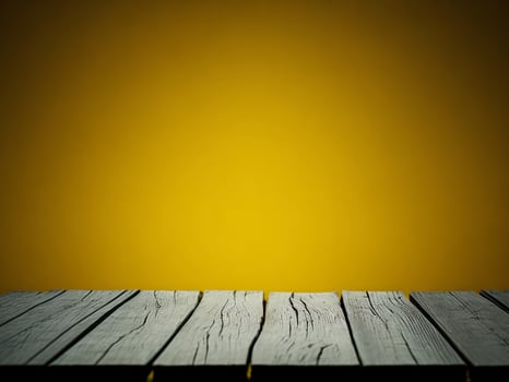 Wooden table and blur tropical Yellow Color background, product display montage. High quality photo 8k FHD AI generated