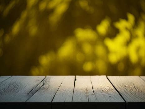 Wooden table and blur tropical Yellow Color background, product display montage. High quality photo 8k FHD AI generated