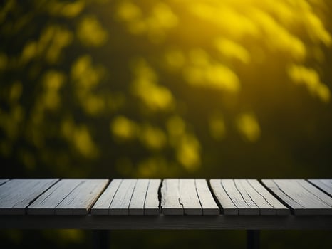 Wooden table and blur tropical Yellow Color background, product display montage. High quality photo 8k FHD AI generated