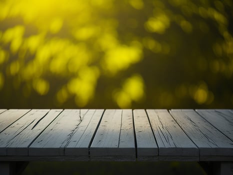 Wooden table and blur tropical Yellow Color background, product display montage. High quality photo 8k FHD AI generated