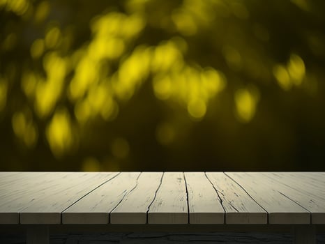 Wooden table and blur tropical Yellow Color background, product display montage. High quality photo 8k FHD AI generated