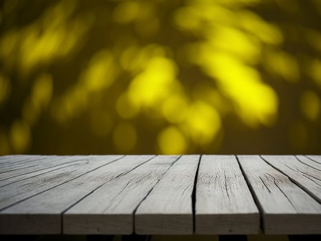 Wooden table and blur tropical Yellow Color background, product display montage. High quality photo 8k FHD AI generated