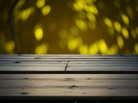 Wooden table and blur tropical Yellow Color background, product display montage. High quality photo 8k FHD AI generated