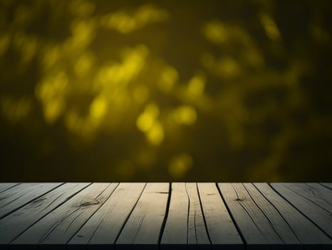 Wooden table and blur tropical Yellow Color background, product display montage. High quality photo 8k FHD AI generated