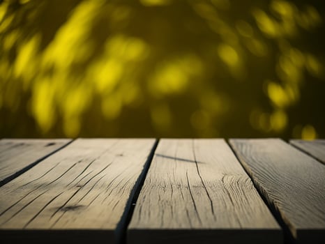 Wooden table and blur tropical Yellow Color background, product display montage. High quality photo 8k FHD AI generated