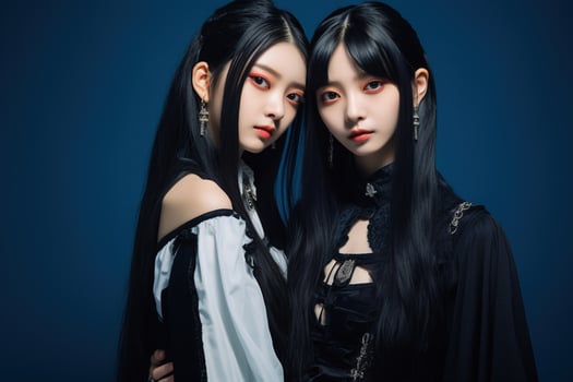 Portrait of two beautiful asian women in Fashion outfits on blue background AI Generated photo