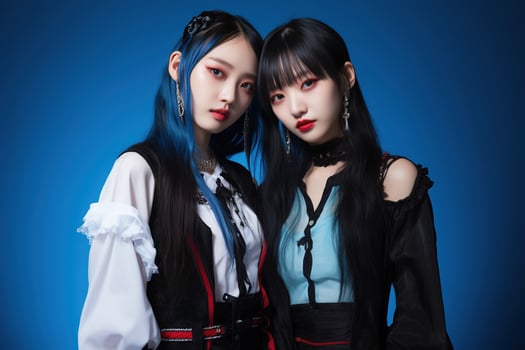 Portrait of two beautiful asian women in Fashion outfits on blue background AI Generated photo