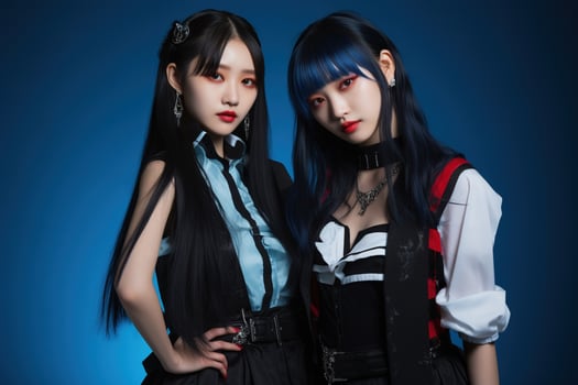 Portrait of two beautiful asian women in Fashion outfits on blue background AI Generated photo