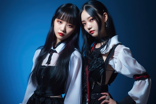 Portrait of two beautiful asian women in Fashion outfits on blue background AI Generated photo