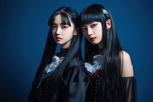 Portrait of two beautiful asian women in Fashion outfits on blue background AI Generated photo