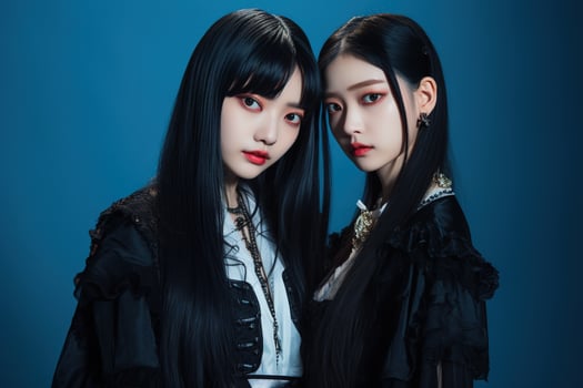 Portrait of two beautiful asian women in Fashion outfits on blue background AI Generated photo