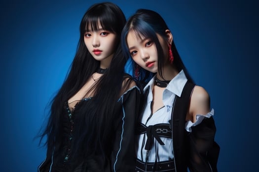 Portrait of two beautiful asian women in Fashion outfits on blue background AI Generated photo