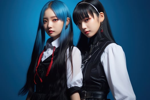 Portrait of two beautiful asian women in Fashion outfits on blue background AI Generated photo