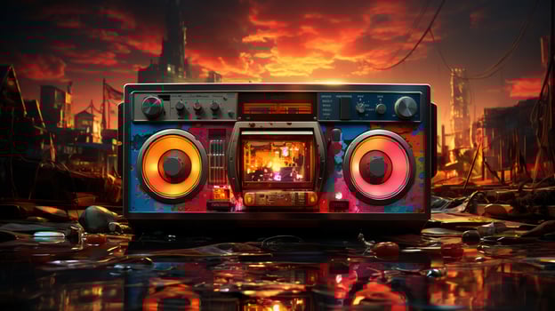 Old stylish vintage audio retro music cassette tape recorder poster from the 80s 90s photo