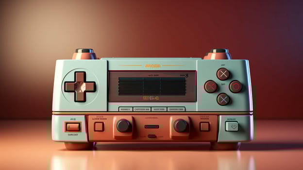 Old stylish vintage retro game console with video game joystick poster from 80s 90s photo