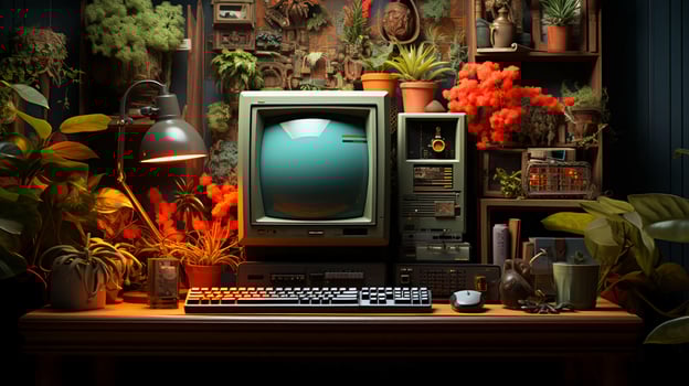 Old stylish vintage retro personal computer for video games and work poster from the 80s 90s photo