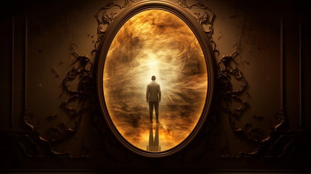 Eerie Reflection Gazing into the Haunted Antique Mirror, AI Generative photo