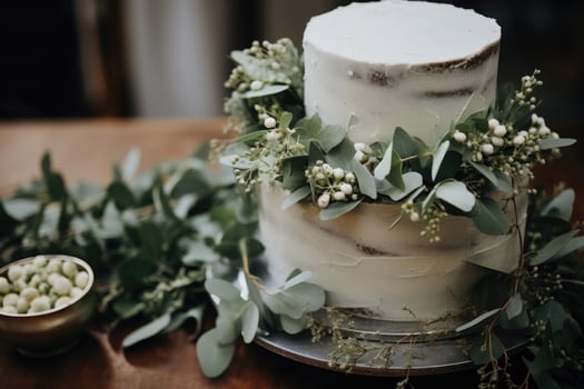 Three-tiered white wedding cake decorated with flowers and green eucalyptus leaves. AI Generated photo