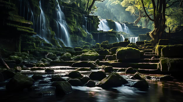 waterfall at sunset in the forest AI Generative photo