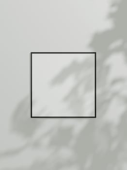 Minimal picture poster frame mockup on white wallpaper with leaf shadow photo