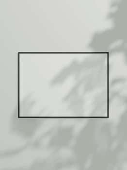 Minimal picture poster frame mockup on white wallpaper with leaf shadow photo