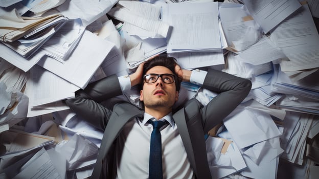 Occupation concept. The Accountant was lying on the floor with pile of documents and paper around him. Overloaded with work. Very tired. AI Generated photo