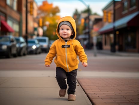 Kid enjoys a leisurely stroll through the vibrant city streets AI Generative photo