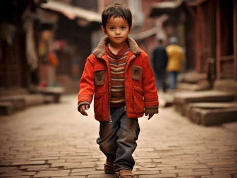 Kid enjoys a leisurely stroll through the vibrant city streets AI Generative photo