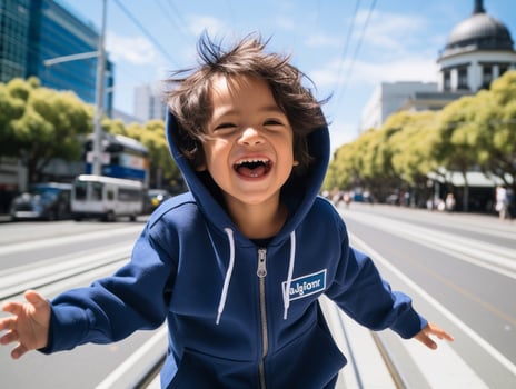 Kid enjoys a leisurely stroll through the vibrant city streets AI Generative photo