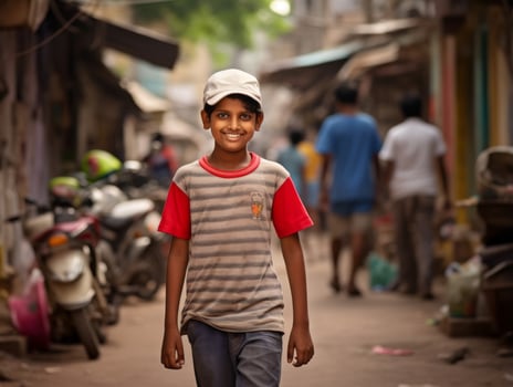 Kid enjoys a leisurely stroll through the vibrant city streets AI Generative photo