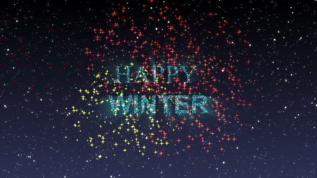 Firework Happy winter sparkling year lettering with fireworks sparks particles background. Merry Christmas and Happy New Year background. Winter christmas backdrop in the sky for celebration holiday. photo