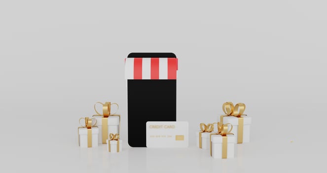 3D rendering of black smartphone screen and white gift box golden ribbon.Creative Shopping online concept.Business minimal modern mock up advertising and banner.Credit card payment shop. illustration. photo