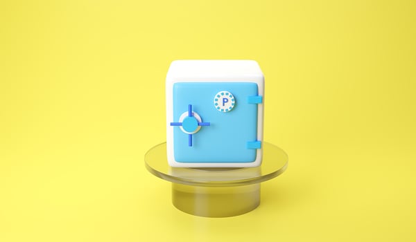blue-white safe box isolated on yellow pastel background. 3D rendering illustration. Safe door bank vault with a combination lock on cylinder. Reliable Data Protection. Minimalism concept. photo